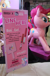 Size: 3456x5184 | Tagged: safe, derpibooru import, photographer:parnkung, applejack, fluttershy, pinkie pie, princess celestia, rainbow dash, rarity, twilight sparkle, irl, life-size pinkie statue, mane six, mane six opening poses, mille, my little pony logo, photo, thai, thailand