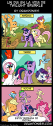 Size: 850x2000 | Tagged: safe, artist:drawponies, derpibooru import, applejack, fluttershy, pinkie pie, rainbow dash, rarity, twilight sparkle, twilight sparkle (alicorn), alicorn, earth pony, pegasus, pony, unicorn, comic, female, mane six, mare, spanish, translation, translator:the-luna-fan