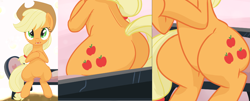 Size: 3709x1500 | Tagged: safe, artist:tex, applejack, earth pony, pony, applebucking thighs, applebutt, cropped, female, freckles, hat, hips, mare, open mouth, plot, sitting, solo, wide hips