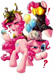 Size: 2247x3068 | Tagged: safe, artist:dimwitdog, pinkie pie, earth pony, pony, dragon quest, mmmystery on the friendship express, the crystal empire, balloon, camouflage, catsuit, clothes, costume, cupcake, deerstalker, explicit source, female, goggles, hat, magnifying glass, mare, pinkie spy, question mark, sherlock holmes, simple background, solo, white background