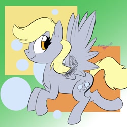 Size: 894x894 | Tagged: safe, artist:themeganut, derpy hooves, pegasus, pony, bubble, female, mare, solo, watermark
