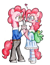 Size: 800x1050 | Tagged: safe, artist:unousaya, pinkie pie, earth pony, pony, clothes, drinking, duality, famihara, glasses, traditional art