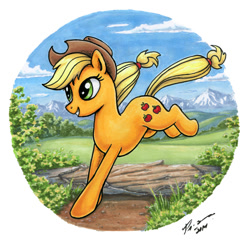 Size: 746x723 | Tagged: safe, artist:choedan-kal, applejack, earth pony, pony, partial background, running, scenery, solo, traditional art