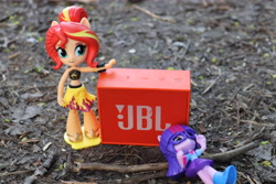 Size: 6000x4000 | Tagged: safe, artist:artofmagicpoland, sci-twi, sunset shimmer, twilight sparkle, better together, equestria girls, ad parody, doll, equestria girls minis, jbl, jbl go, parody, product placement, satire, toy