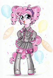 Size: 739x1082 | Tagged: safe, artist:oriwhitedeer, pinkie pie, earth pony, pony, bipedal, clothes, crossover, kasane teto, solo, teto, traditional art, utauloid