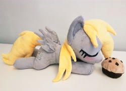 Size: 3768x2736 | Tagged: safe, artist:epicrainbowcrafts, derpy hooves, blushing, cute, daaaaaaaaaaaw, female, filly, food, irl, muffin, photo, plushie, sleeping, solo