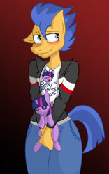 Size: 958x1536 | Tagged: safe, artist:lil miss jay, flash sentry, twilight sparkle, twilight sparkle (alicorn), alicorn, anthro, blushing, clothes, crush plush, cute, female, flashlight, floppy ears, full service playing cards, jacket, male, pants, plushie, shipping, shirt, solo, straight, twilight sparkle plushie, wide hips