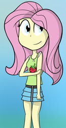 Size: 1024x1968 | Tagged: safe, artist:liggliluff, fluttershy, human, clothes, humanized, skirt, solo, strawberry, tanktop, zipper