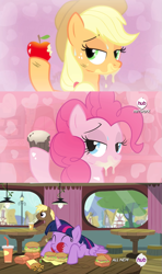 Size: 639x1079 | Tagged: safe, artist:surgicalarts, edit, edited screencap, screencap, applejack, coco crusoe, pinkie pie, twilight sparkle, twilight sparkle (alicorn), alicorn, earth pony, pony, simple ways, twilight time, apple, applejuice meme, bedroom eyes, creamy creamy frosting, eating, eyes closed, female, food, hoof hold, looking at you, mare, safe by show, smiling, that pony sure does love burgers, twilight burgkle