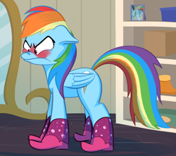 Size: 1334x1183 | Tagged: safe, artist:foal, derpibooru import, rainbow dash, pegasus, pony, the end in friend, angry, blushing, boots, embarrassed, female, frown, frustrated, furious, high heel boots, mare, shoes, solo