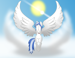 Size: 5782x4466 | Tagged: safe, artist:sky slicer, artist:taigalife, oc, oc only, oc:sky slicer, absurd resolution, base used, child bearing hips, cloud, covering face, female, flash drive, flight, hips, inkscape, large wings, mare, shading, sky, soar, solo, spiky mane, sun, vector, wide hips, wing spreading, wings, wingspread