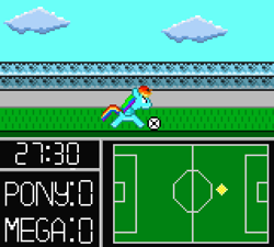 Size: 640x576 | Tagged: safe, artist:derek the metagamer, derpibooru import, rainbow dash, pegasus, pony, captain tsubasa, football, game, parody, pixel art, tecmo cup soccer game, video game