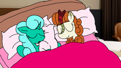 Size: 1920x1080 | Tagged: safe, artist:徐詩珮, autumn blaze, glitter drops, pony, sounds of silence, bed, glitterblaze, glittercorn, hug, pillow, pillow hug, shipping, sleeping