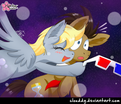 Size: 1166x1000 | Tagged: safe, artist:clouddg, derpy hooves, doctor whooves, pony, 3d glasses, blushing, cute, eyes closed, female, male, mare, open mouth, smiling, space, stallion, stars, valentine's day