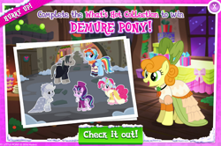 Size: 1026x683 | Tagged: safe, applejack, carrot top, golden harvest, pinkie pie, professor flintheart, rainbow dash, snowfall frost, spirit of hearth's warming past, starlight glimmer, earth pony, pegasus, pony, advertisement, gameloft, official, present, snowdash, spirit of hearth's warming presents