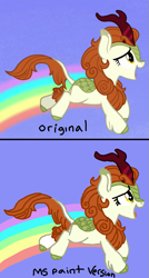 Size: 489x914 | Tagged: safe, artist:nightshadowmlp, edit, edited screencap, screencap, autumn blaze, kirin, sounds of silence, comparison, ms paint, rainbow, scene interpretation, text