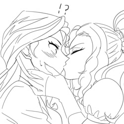 Size: 1000x1000 | Tagged: safe, artist:raika0306, adagio dazzle, sunset shimmer, equestria girls, blushing, exclamation point, female, interrobang, kissing, lesbian, monochrome, question mark, shipping, sketch, sunsagio, surprise kiss, sweat, wip