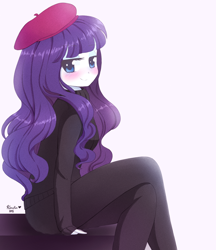 Size: 852x985 | Tagged: safe, artist:riouku, rarity, equestria girls, beatnik rarity, bedroom eyes, beret, blushing, clothes, hat, smiling, solo