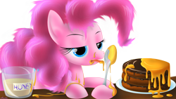 Size: 2560x1440 | Tagged: safe, artist:awalex, pinkie pie, earth pony, pony, honey, licking, pancakes, solo, spoon, tongue out