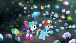 Size: 1920x1080 | Tagged: safe, derpibooru import, screencap, rainbow dash, rarity, pegasus, pony, unicorn, the end in friend, boots, bow, cave, cute, discovery family logo, duo, female, gem, gem cave, glitter boots, grin, hard hat, harness, helmet, mare, mining helmet, open mouth, pointing, shoes, smiling, squee, tack, wagon