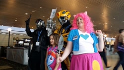 Size: 1280x720 | Tagged: safe, pinkie pie, human, equestria girls, bronycon, bumblebee, cobra commander, cosplay, g.i. joe, hasbro, hubble, irl, irl human, photo, the hub, transformers