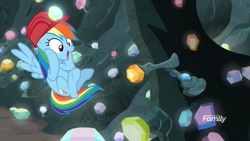 Size: 1920x1080 | Tagged: safe, derpibooru import, screencap, rainbow dash, pegasus, pony, the end in friend, cave, cute, dashabetes, discovery family logo, excited, female, flying, gasp, gem, gem cave, helmet, hooves on cheeks, mare, mining helmet