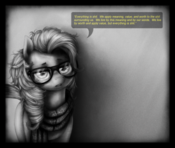 Size: 1280x1080 | Tagged: safe, artist:ventious, pinkie pie, earth pony, pony, alternate hairstyle, clothes, glasses, grayscale, hipster, interior semiotics, monochrome, partial color, quote, scarf, solo, speech bubble, vulgar