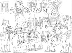 Size: 927x682 | Tagged: safe, artist:tascoby, applejack, fluttershy, ocellus, pinkie pie, rainbow dash, rarity, sandbar, silverstream, smolder, spike, starlight glimmer, twilight sparkle, twilight sparkle (alicorn), yona, alicorn, changedling, changeling, dragon, earth pony, griffon, hippogriff, pegasus, pony, unicorn, yak, balloon, female, flying, group shot, happy new year, holiday, magic, male, monochrome, new year, sign