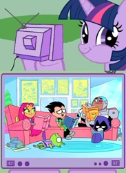 Size: 563x771 | Tagged: safe, derpibooru import, twilight sparkle, beast boy, book, cyborg (teen titans), exploitable meme, meme, obligatory pony, raven (teen titans), robin, starfire, teen titans go, tv meme, twiface, wrong neighborhood