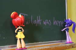 Size: 6000x4000 | Tagged: safe, artist:artofmagicpoland, sci-twi, sunset shimmer, twilight sparkle, better together, equestria girls, caught, chalkboard, doll, equestria girls minis, female, lesbian, shipping, sunsetsparkle, toy
