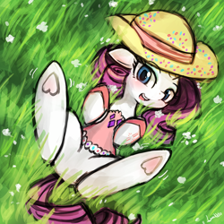 Size: 750x750 | Tagged: safe, artist:lumineko, rarity, pony, unicorn, 30 minute art challenge, blushing, clothes, featureless crotch, female, hat, hooves up, looking at you, mare, on back, open mouth, shirt, solo, underhoof