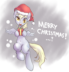 Size: 893x934 | Tagged: safe, artist:mlpanon, part of a set, derpy hooves, pegasus, pony, belly button, cute, derpabetes, flying, hat, i just don't know what went wrong, looking at you, open mouth, present, santa hat, solo, valentine, valentine's day