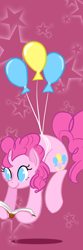 Size: 600x1800 | Tagged: safe, artist:leafbunny, pinkie pie, earth pony, pony, balloon, book, bookmark, floating, solo, then watch her balloons lift her up to the sky