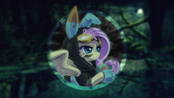 Size: 1920x1080 | Tagged: safe, artist:avareq, artist:kp-shadowsquirrel, fluttershy, pegasus, pony, badass, bunny ears, clothes, dangerous mission outfit, female, forest, goggles, hoodie, juice box, mare, solo, vector, wallpaper