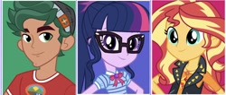 Size: 1654x703 | Tagged: safe, editor:php77, sci-twi, sunset shimmer, timber spruce, twilight sparkle, better together, equestria girls, looking at you