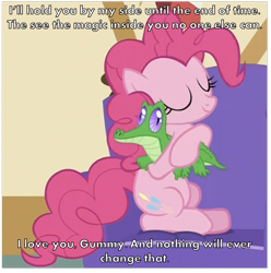 Size: 945x954 | Tagged: safe, gummy, pinkie pie, earth pony, pony, hug, image macro, meme, text