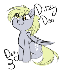 Size: 1280x1457 | Tagged: safe, artist:possibly-art, derpy hooves, pegasus, pony, ear fluff, simple background, sitting, smiling, solo, white background