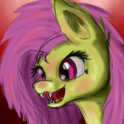 Size: 1000x1000 | Tagged: safe, artist:cleoziep, fluttershy, ear fluff, fangs, flutterbat, solo