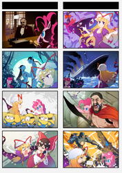 Size: 818x1158 | Tagged: safe, artist:sweetsound, pinkie pie, earth pony, pony, 300, 4koma, avatar, comic, crossover, despicable me, gipsy danger, hakurei reimu, jake sully, james cameron's avatar, knifehead, leonidas, marlon brando, minions, neytiri, pacific rim, pixiv, the godfather, titanic, touhou, vito corleone, yakumo yukari