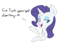 Size: 1000x734 | Tagged: safe, artist:hidden-cat, rarity, pony, unicorn, bedroom eyes, censored, darling, dialogue, female, heart, looking at you, mare, open mouth, reaction image, simple background, smiling, solo, spoken heart, vulgar, white background