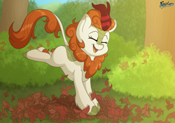 Size: 5000x3500 | Tagged: safe, artist:fluffyxai, autumn blaze, kirin, sounds of silence, autumn, autumn leaves, awwtumn blaze, bush, commission, cute, forest, jumping, laughing, leaping, leaves, prancing, smiling, solo, tree
