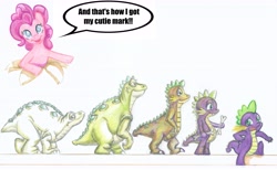 Size: 7168x4408 | Tagged: safe, artist:invalid-david, pinkie pie, spike, dinosaur, dragon, earth pony, pony, absurd resolution, don bluth, evolution, female, male, mare, namesake, pun, simple background, spike (land before time), stegosaurus, the land before time, traditional art