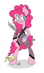 Size: 1206x1975 | Tagged: safe, artist:cyanyeh, pinkie pie, earth pony, pony, bipedal, earring, piercing, solo, sword