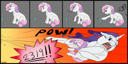 Size: 1200x600 | Tagged: safe, artist:backlash91, rarity, sweetie belle, pony, unicorn, 2319, monsters inc., open mouth, overprotective, spool, tackle, thread, wat