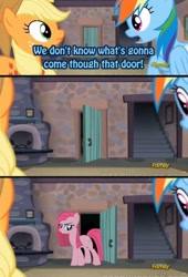 Size: 436x640 | Tagged: safe, derpibooru import, applejack, pinkie pie, rainbow dash, earth pony, pegasus, pony, the cutie map, exploitable meme, meme, pinkamena diane pie, that door, this will end in tears and/or death