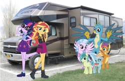 Size: 1603x1046 | Tagged: safe, editor:php77, gallus, ocellus, sandbar, sci-twi, silverstream, smolder, sunset shimmer, twilight sparkle, classical hippogriff, griffon, hippogriff, pony, better together, equestria girls, school daze, camper, equestria girls in real life, irl, looking at you, photo, ponies in real life