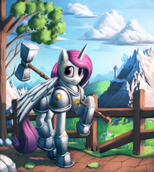 Size: 1600x1787 | Tagged: safe, artist:sceathlet, princess celestia, alicorn, pony, armor, fence, grass, hammer, horn, pink hair, pink tail, pink-mane celestia, praise the sun, purple eyes, raised hoof, raised leg, smiling, solo, war hammer, warrior celestia, weapon, younger