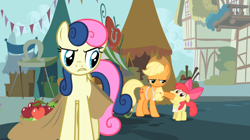 Size: 970x545 | Tagged: safe, screencap, apple bloom, applejack, bon bon, sweetie drops, earth pony, pony, call of the cutie