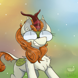 Size: 3840x3840 | Tagged: safe, artist:difis, autumn blaze, kirin, pony, sounds of silence, chest fluff, digital art, female, happy, high res, mare, signature, smiling, solo, watermark, wide eyes, ych result