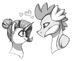 Size: 1280x1064 | Tagged: safe, artist:88ms-allie88, artist:seleniium, rarity, spike, dragon, pony, unicorn, alternate hairstyle, female, heart, male, mare, monochrome, older, older spike, shipping, simple background, smiling, sparity, straight, transparent background